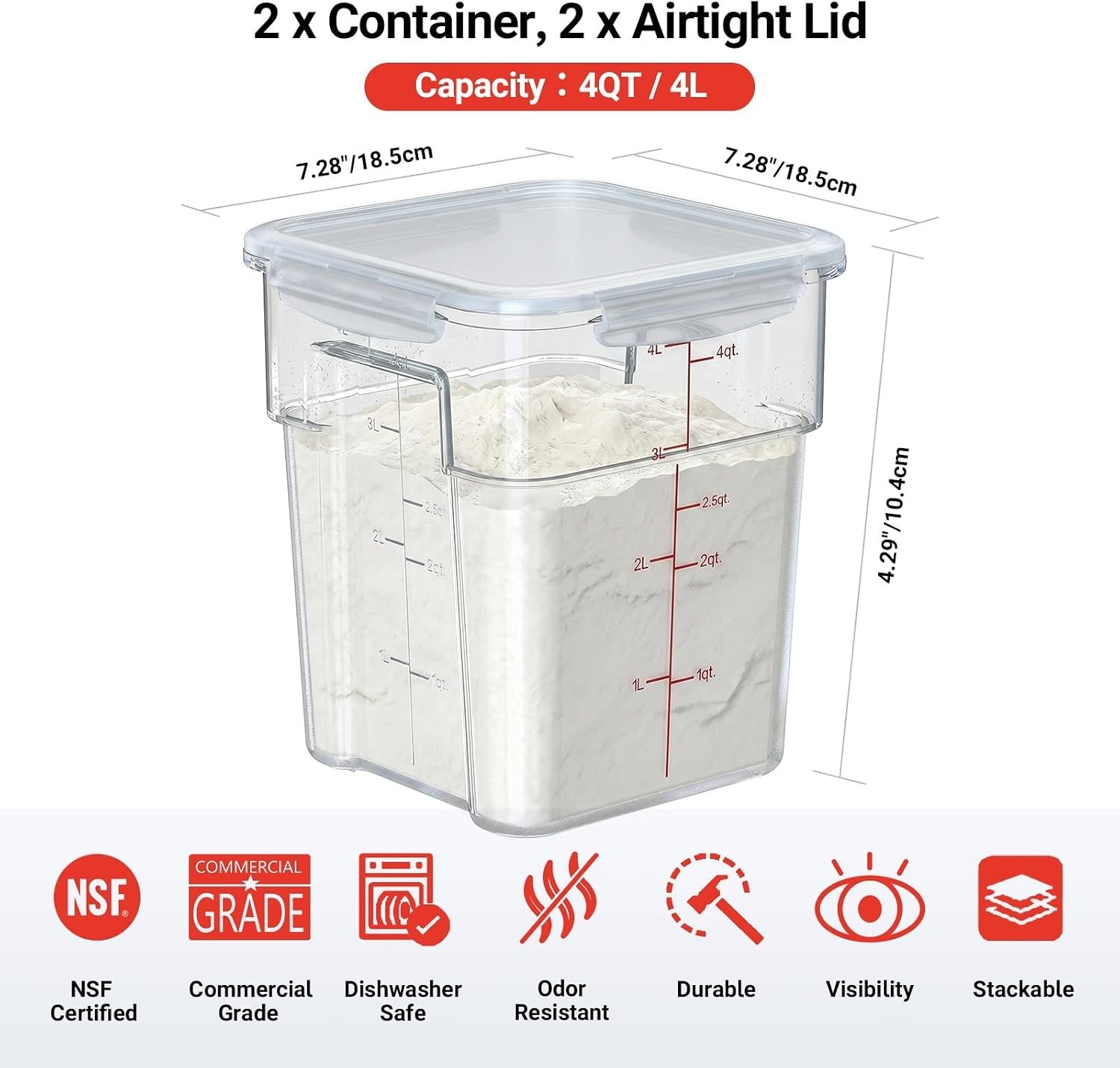 2 Pack 4 QT Airtight Commercial Food Storage Containers, Clear Food Storage C…