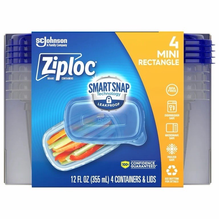 Ziploc SmartSnap 12 fl oz Mini Rectangle Containers w/ Snap Lids, 4 Pack