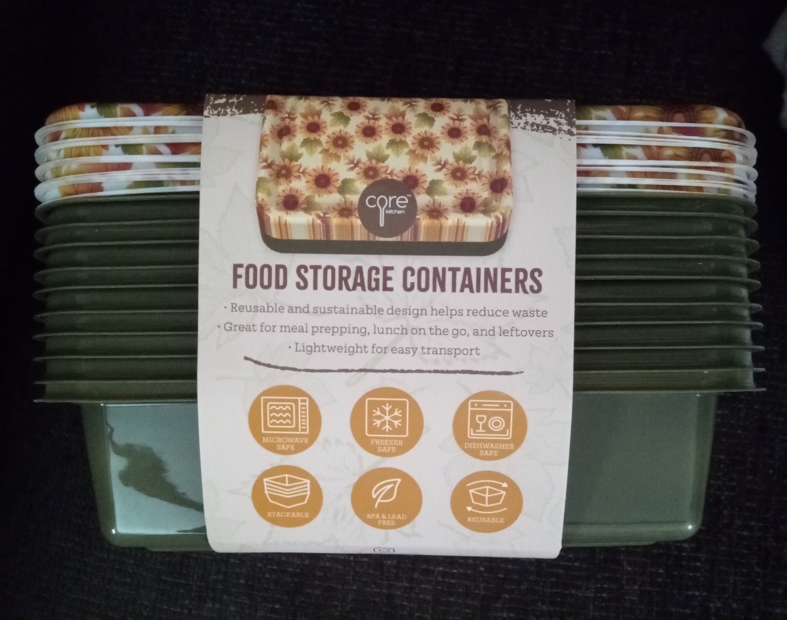 FOOD STORAGE CONTAINERS CORE 10 CONTAINERS LIDS 33.8 OZ CAPACITY SUNFLOWER NEW