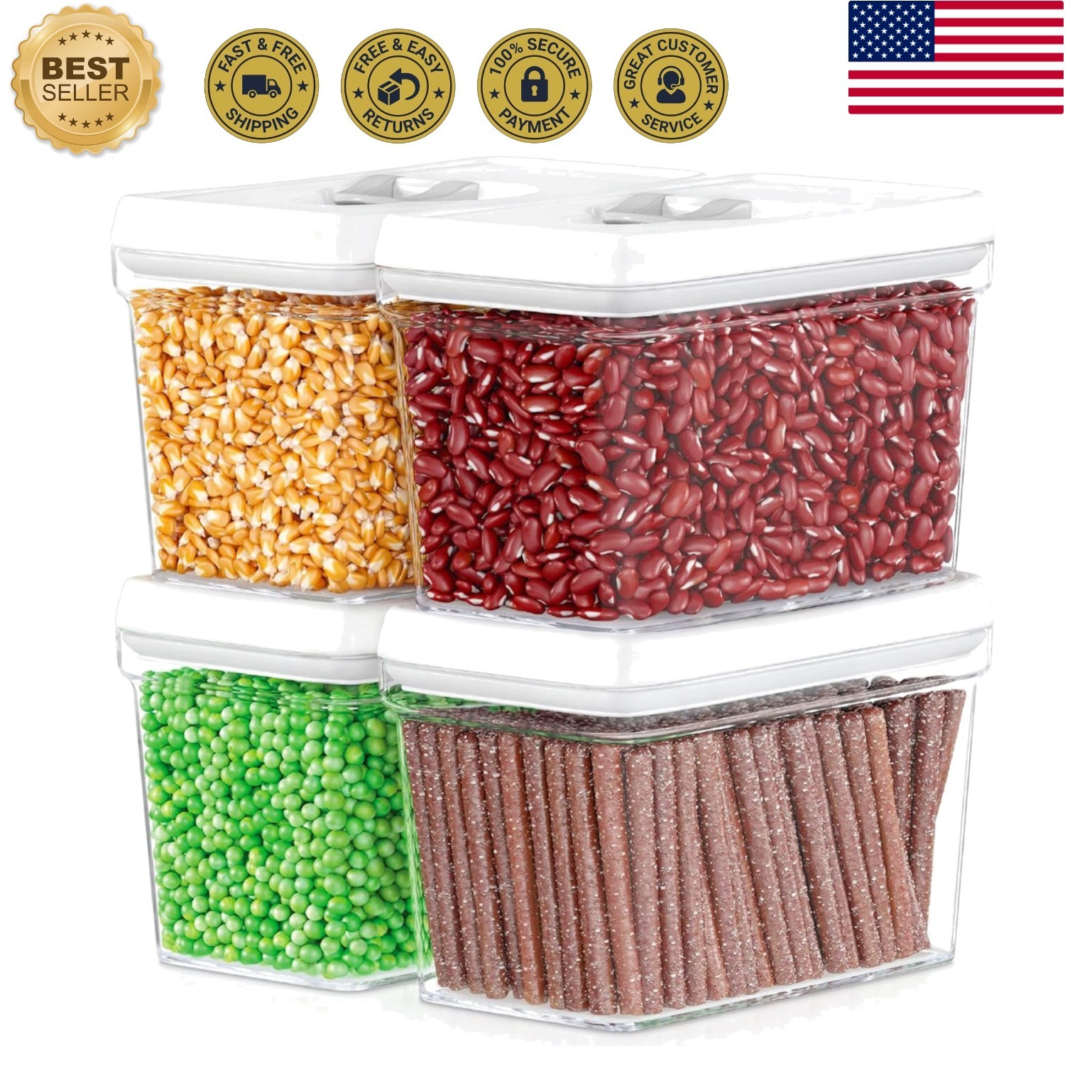 Stylish 4-Piece Airtight Container Set, 2L for Kitchen and Pantry Organization