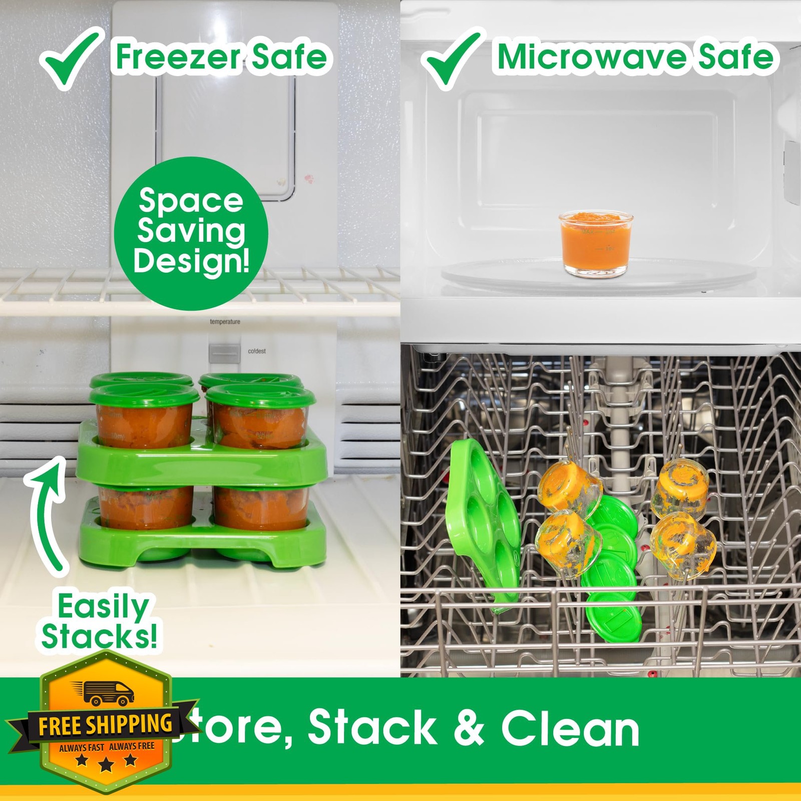 Glass Baby Food Containers 2oz 4pk Stackable Tray Freezer Safe