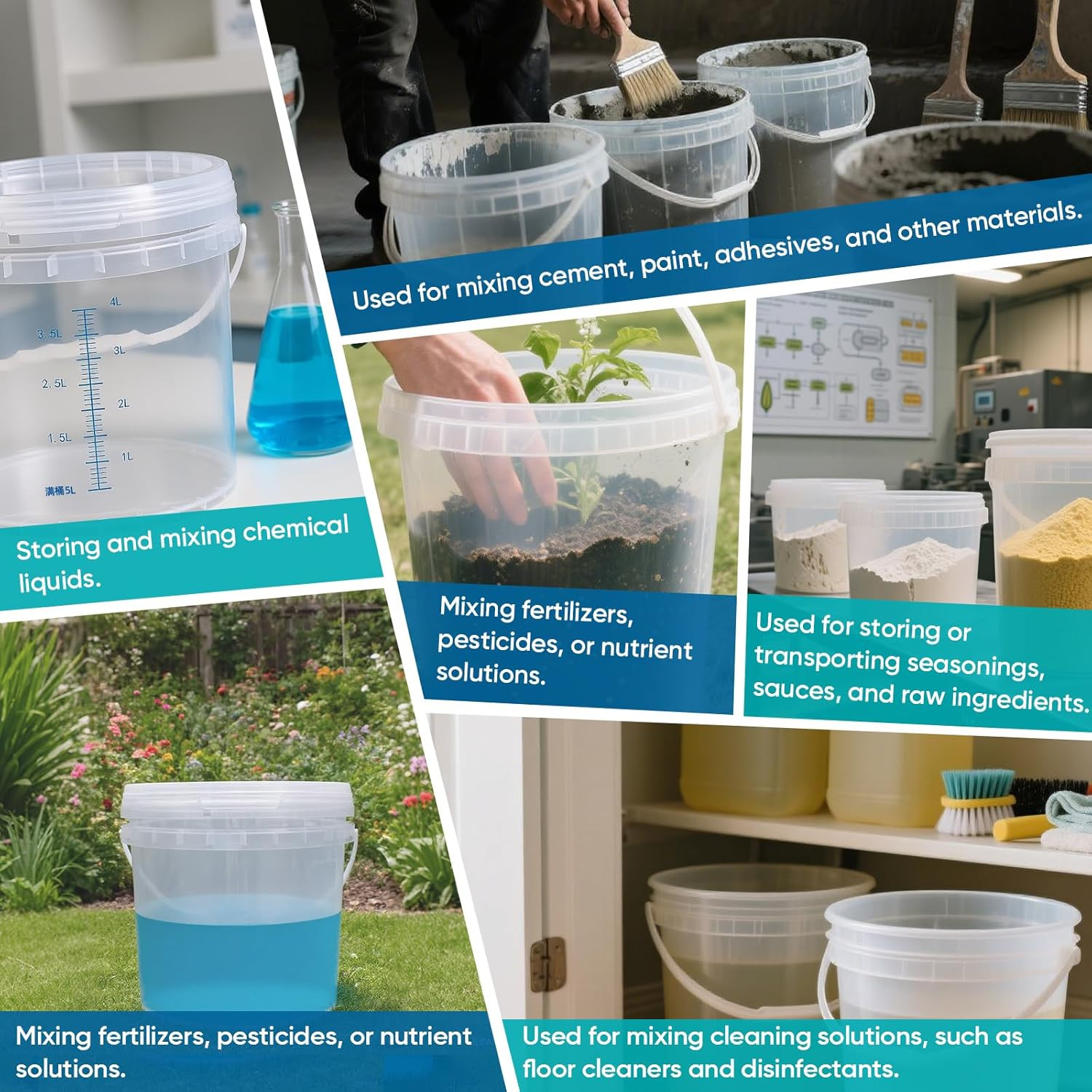 Clear Bucket Graduated Pail Container with Lid, Food Grade Buckets, Cleaning Con