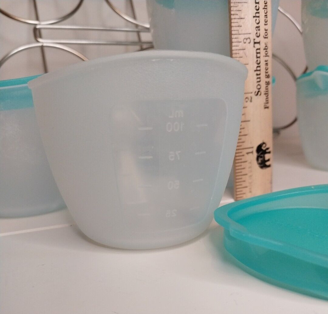 Pampered Chef Mini Freezer Bowls Teal Lids in Metal Storage Rack Disc VG #100181