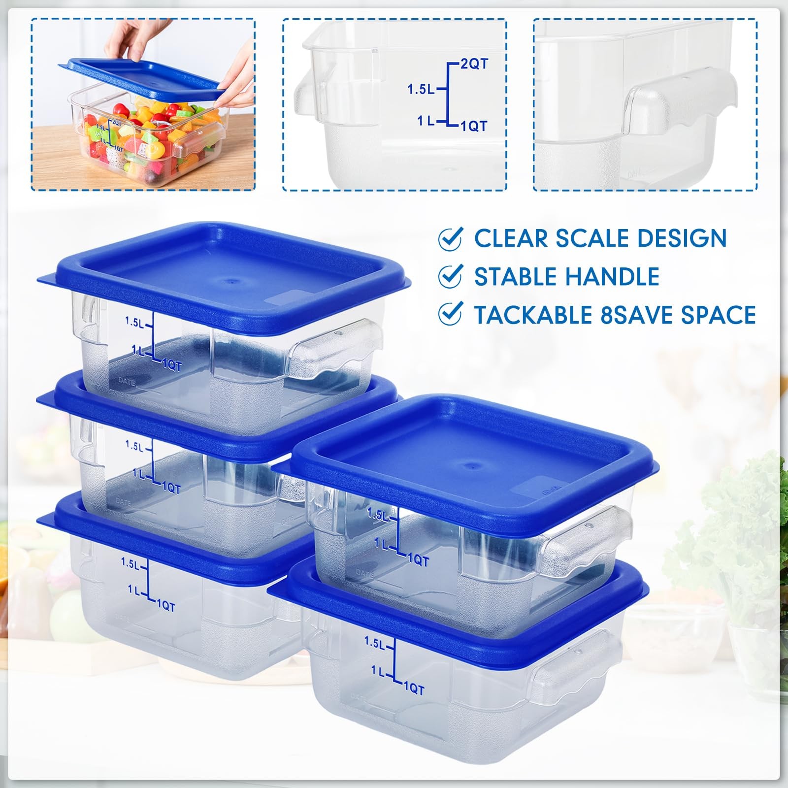 Lallisa 8 Pcs 2 Quart Food Storage Containers with Lids Clear Square Blue