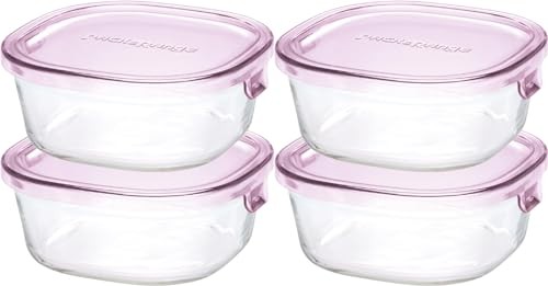IWAKI Heat-Resistant Glass Storage Container Pink Square S 450ml x 4 KC3240N-P