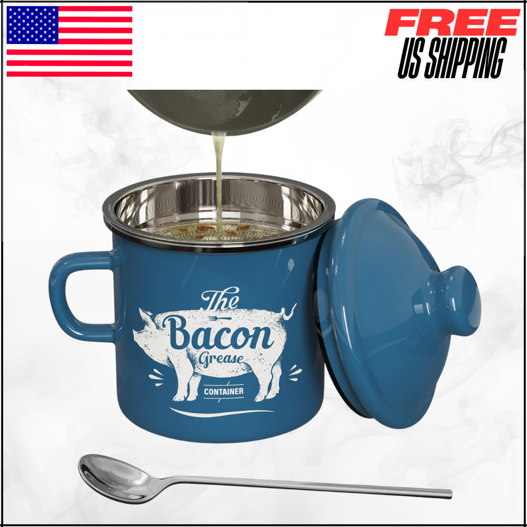 Mini Bacon Grease Container with Strainer Enamel Fat Saver Blue Farmhouse 15oz