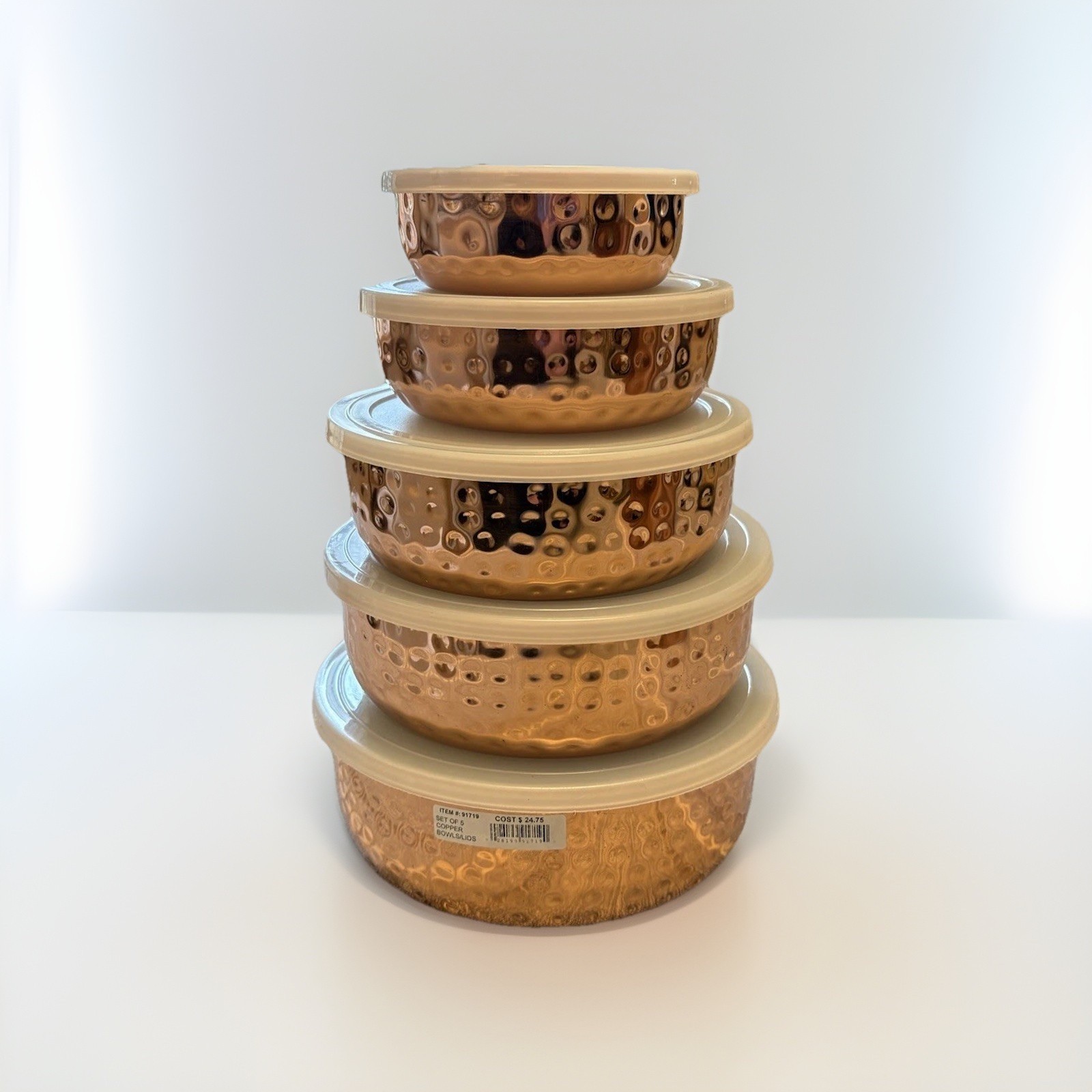 5 Piece Hammered Copper Plated Stainless Steel Stackable Storage Bowl Set Lids