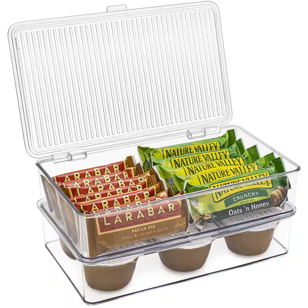 2 Pack Clear Plastic Storage Bins with Deviders and Lids for Fridge and Pantry S