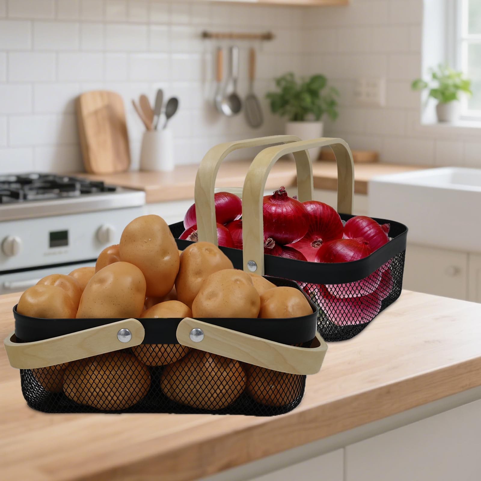2 Set Potato Onion Storage Bin Fruit Basket Metal Wire Wooden Handle Black