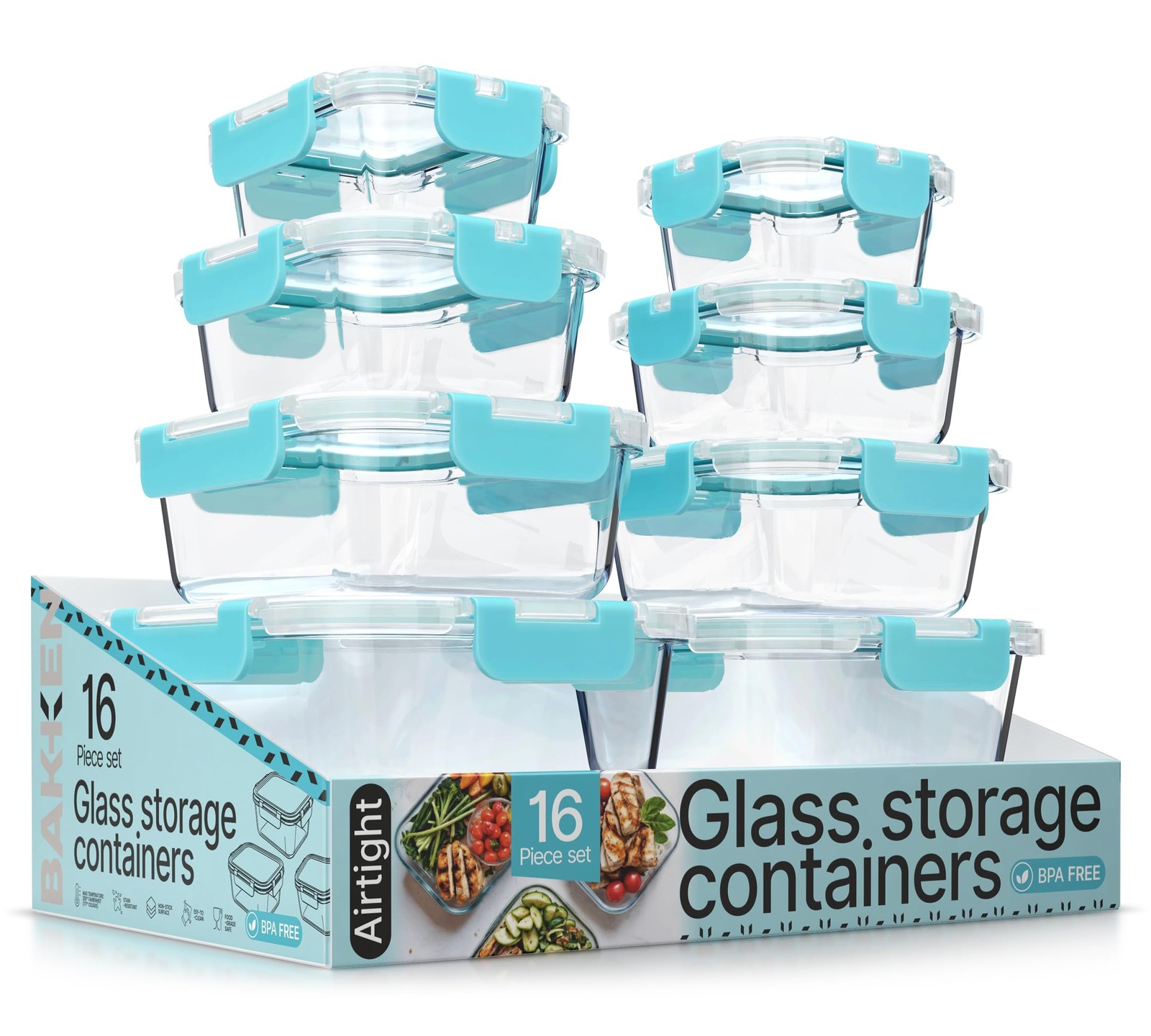 Bakken Borosilicate Glass Food Storage Containers with Lids 16 Pieces, BPA-Fr…