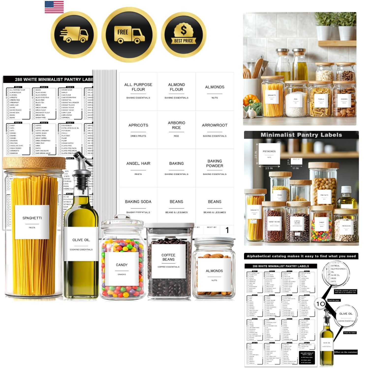 288 Pantry Labels for Food Containers, Preprinted Minimalist Waterproof Stick…