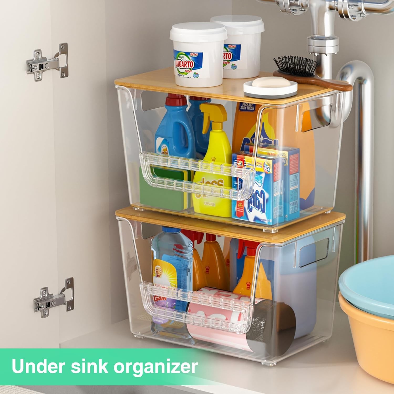 2 Set Pantry Organizers,Stackable Potato & Onion Storage Bins W/ Bamboo