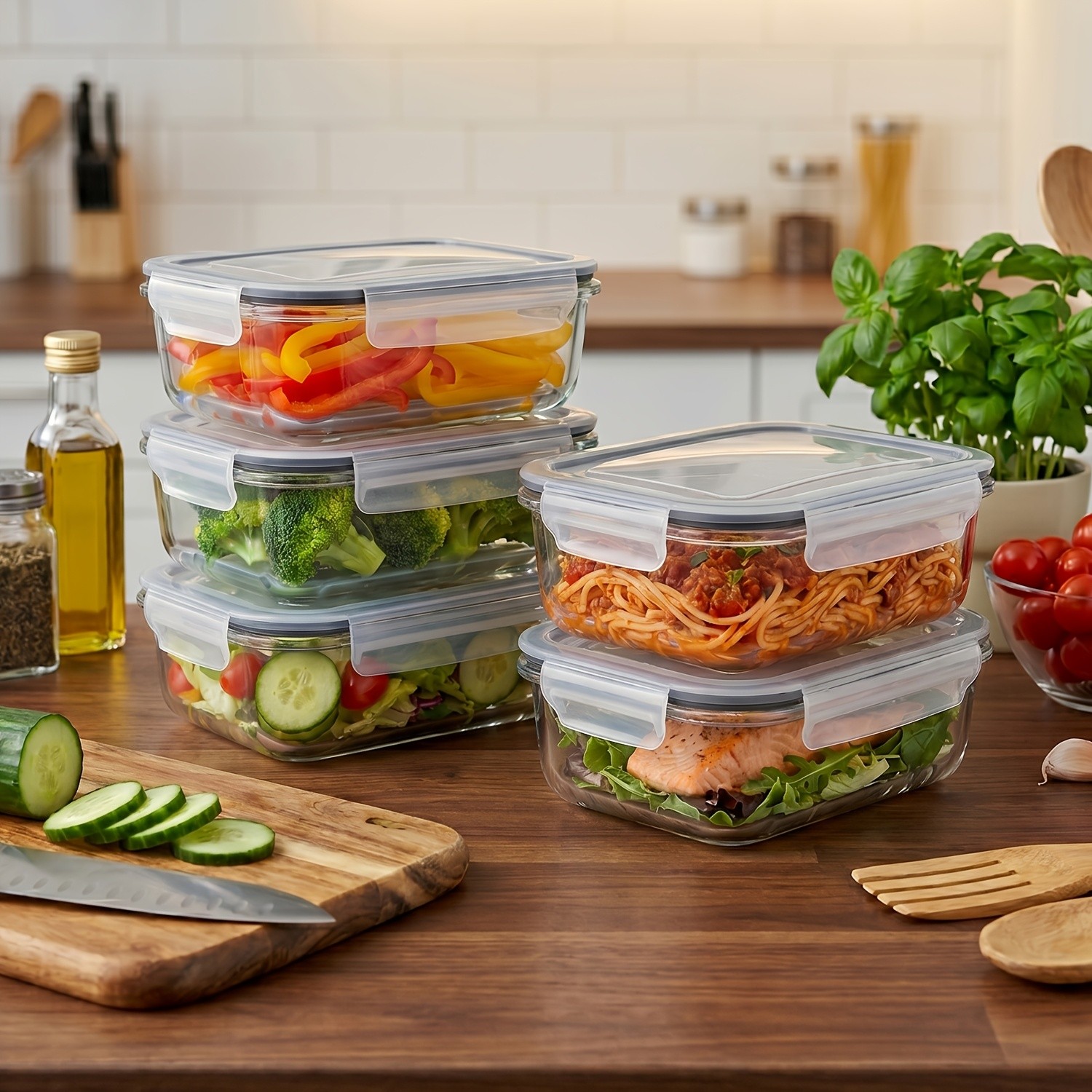5 Pack 35oz Glass Food Storage Containers With Lids, grey