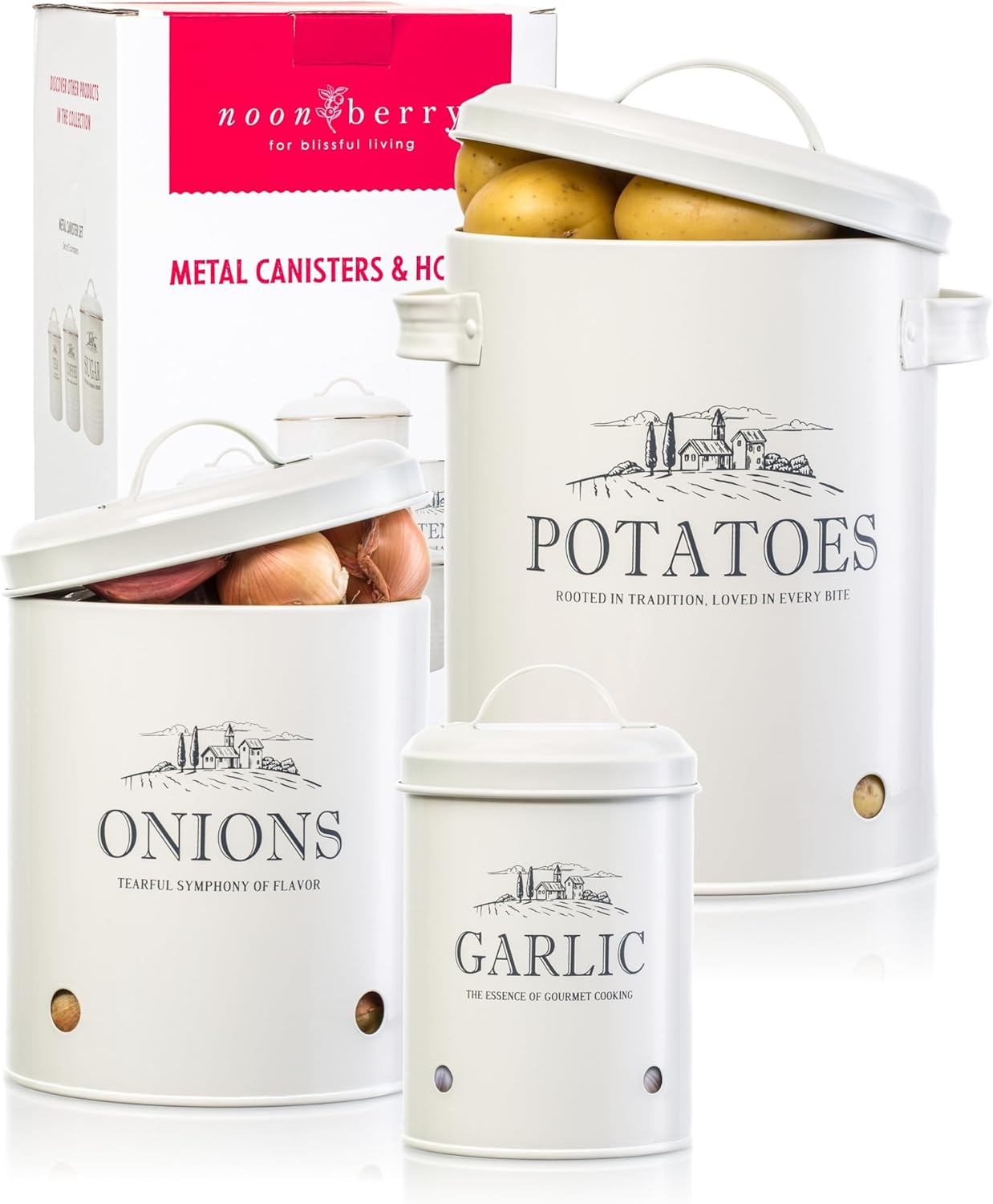 Potato and Onion Storage Bin, Garlic Storage, Set of 3 Metal Kitchen Storage