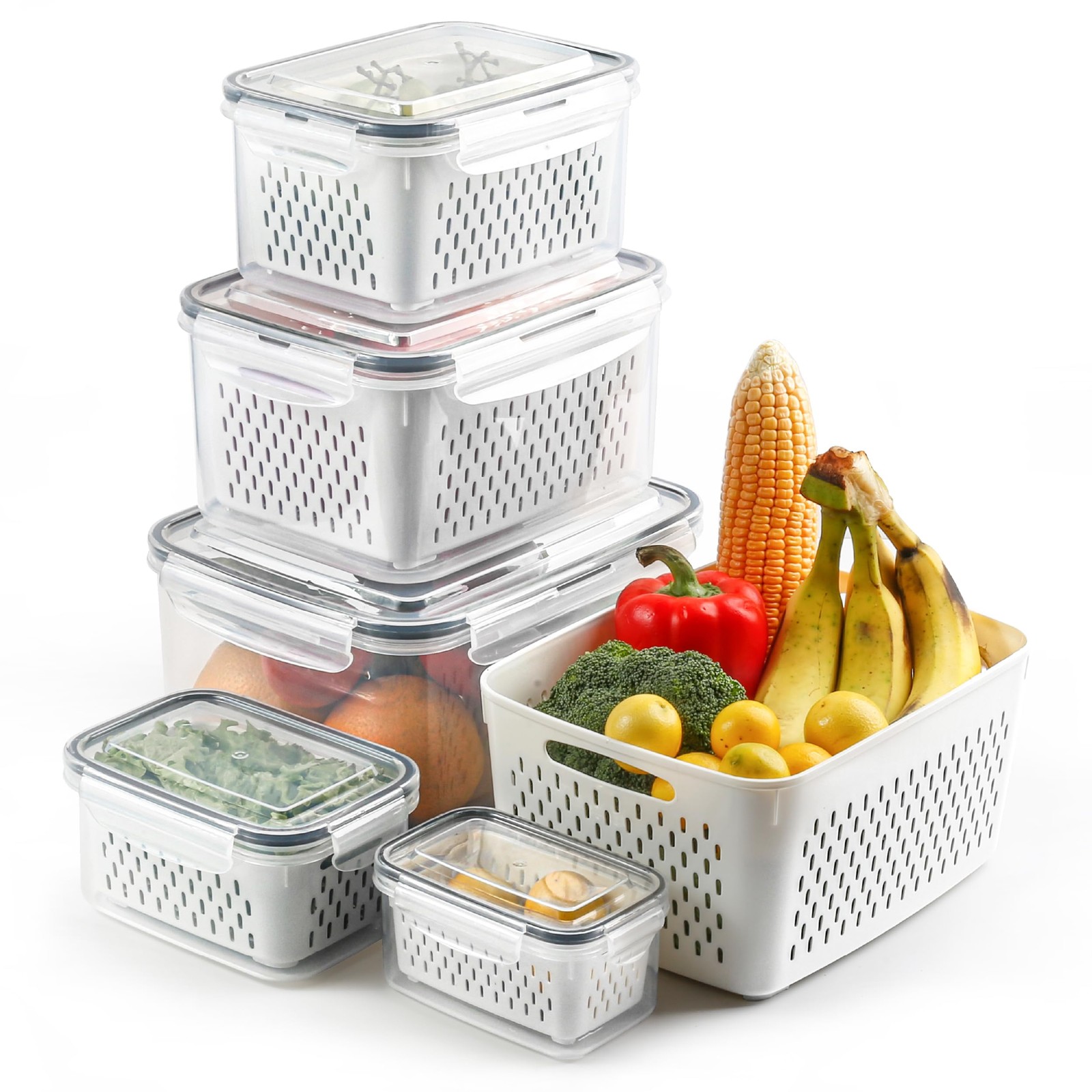 5 Set Fruit Storage Containers for Fridge with Colanders Dishwasher Safe, Lea…