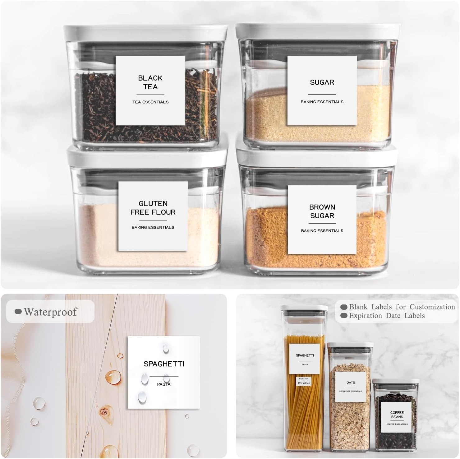 288 Pantry Labels for Food Containers, Preprinted Minimalist Waterproof Stick…