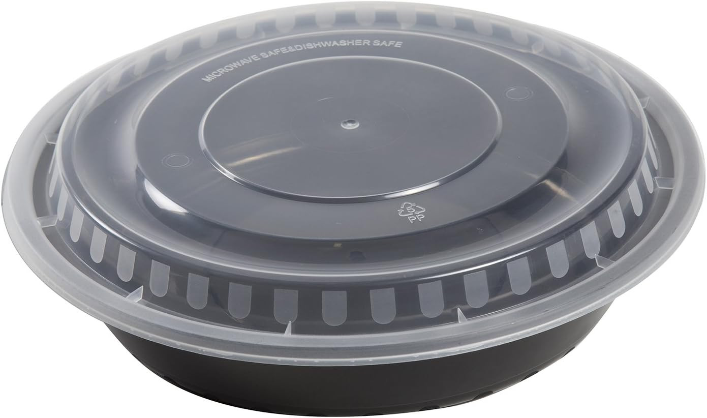 150 Pack 9″ Black Plastic Containers with Lids – Microwave & Freezer Safe