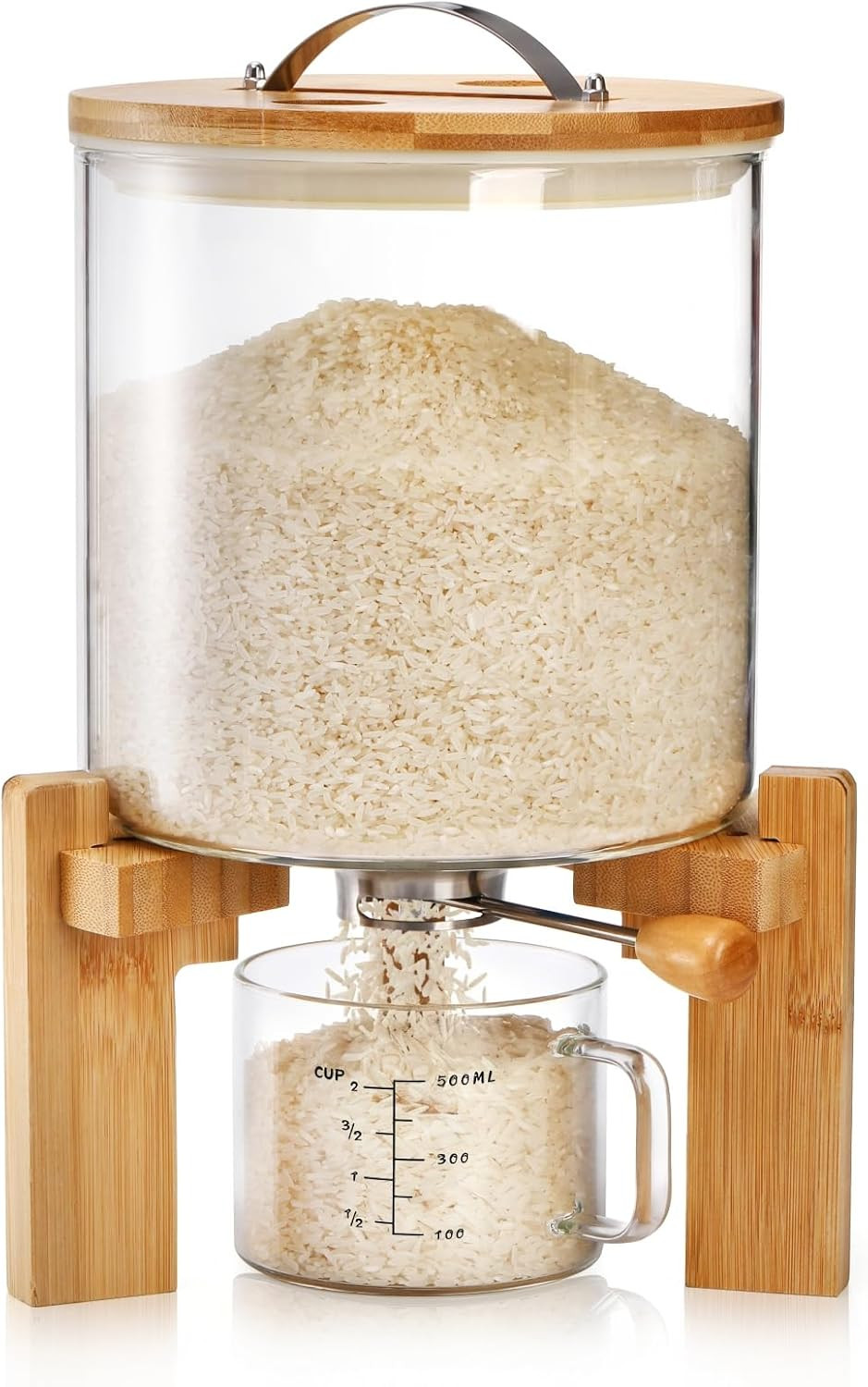 5L Glass Rice Dispenser with Bamboo Stand & Airtight Food Storage Bin