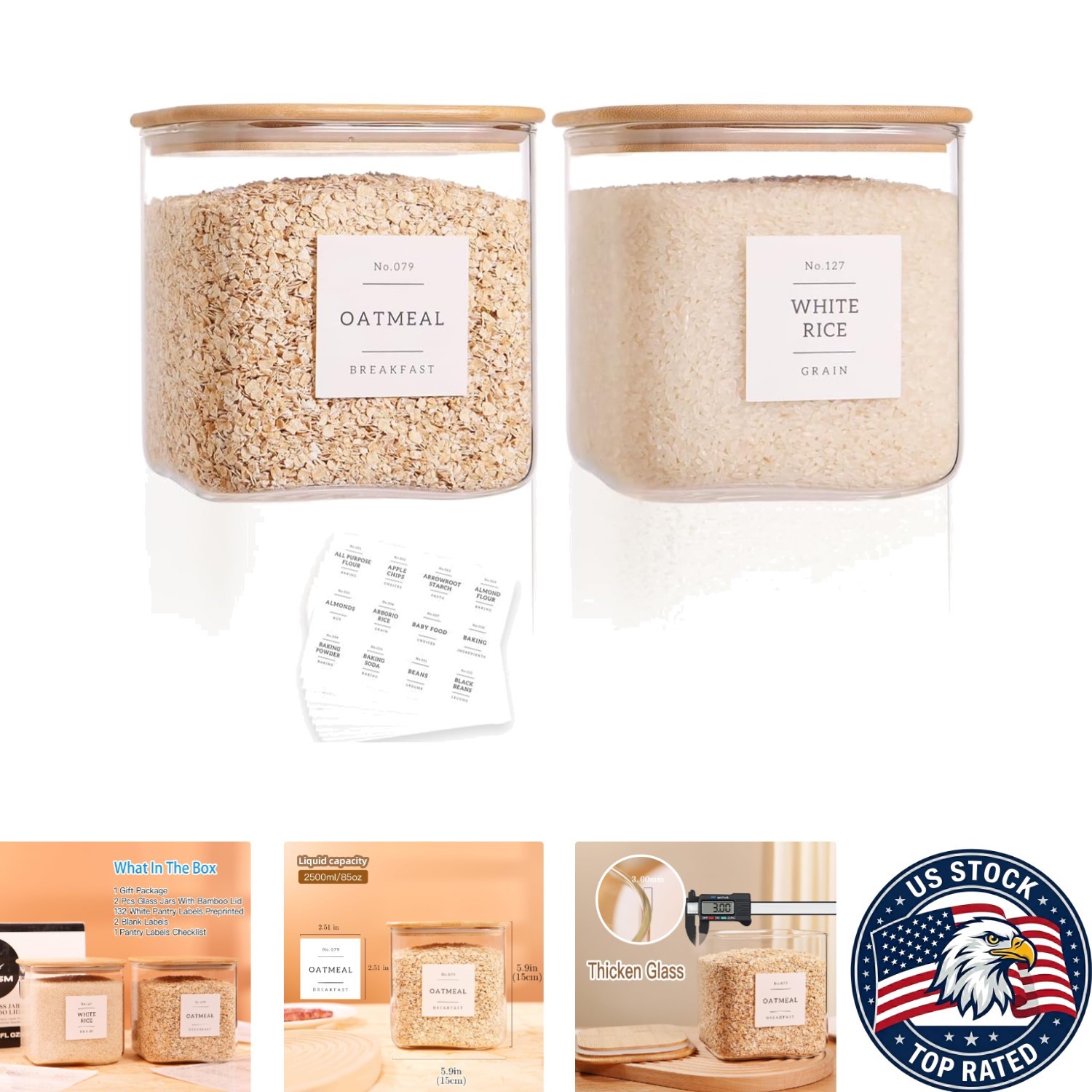 Set of 2 Large 85oz Borosilicate Glass Jars – Ideal for Pantry Organization