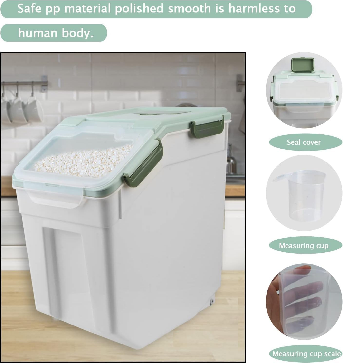 Large Airtight Storage Container with Wheels & Locking Lid, 25Lb Green 4PCS