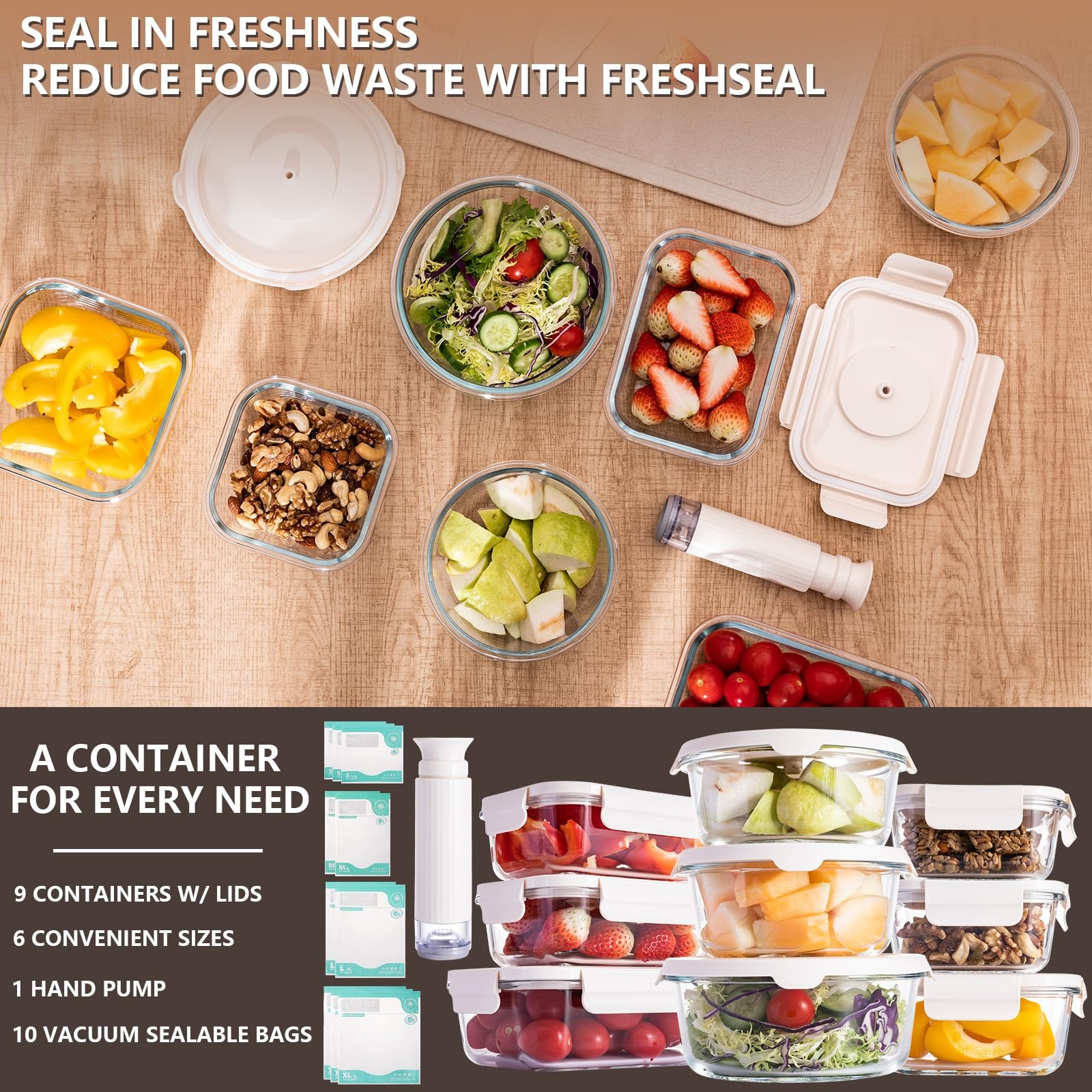 – Glass Vacuum Sealable Container Set – 9 Pieces, 6 Sizes, Hand Pump, 10 Bags