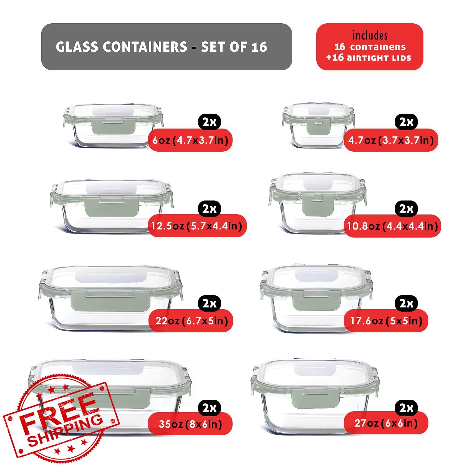 EATEX Food Containers Sage Green 16 Pack