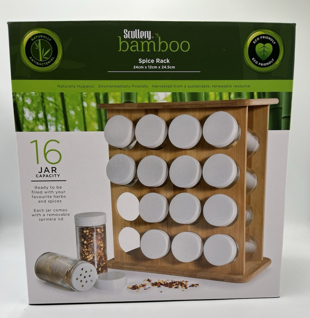 Scullery Bamboo 16 Jar Spice Rack Antibacterial Eco Friendly 24X12X24.5cm
