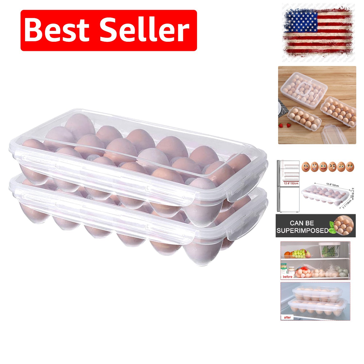 2 Pack Covered Egg Holders For Refrigerator, Plastic Storage Container/ Devil…