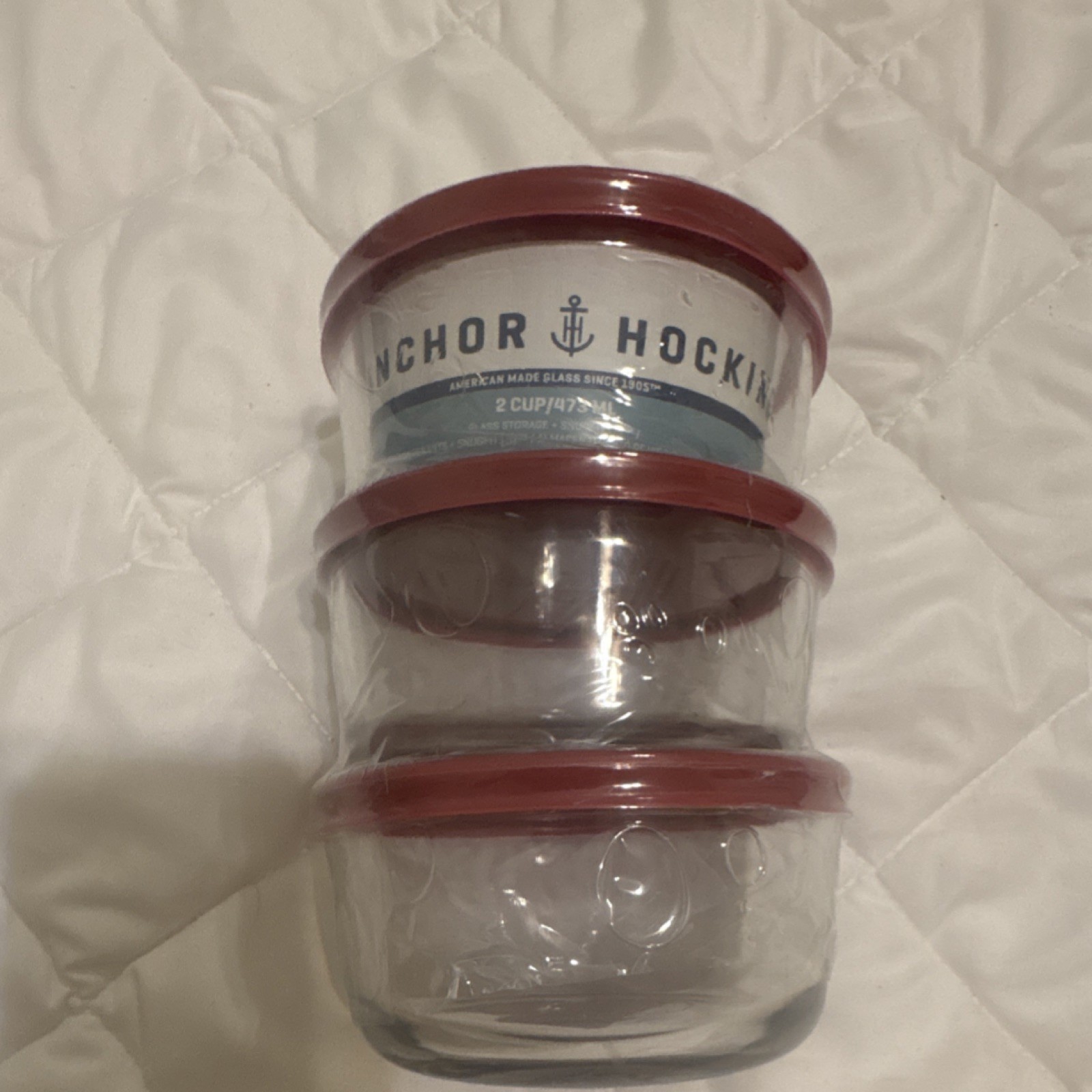Anchor Hocking Glass Storage Container Set 2 Cup 473ml Red Snap Lids 3 Piece