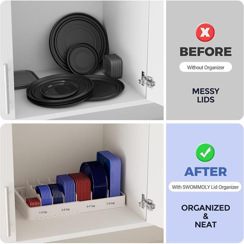 Expandable Food Lid Storage Organizer W/ Adjustable Dividers & Writable Labels