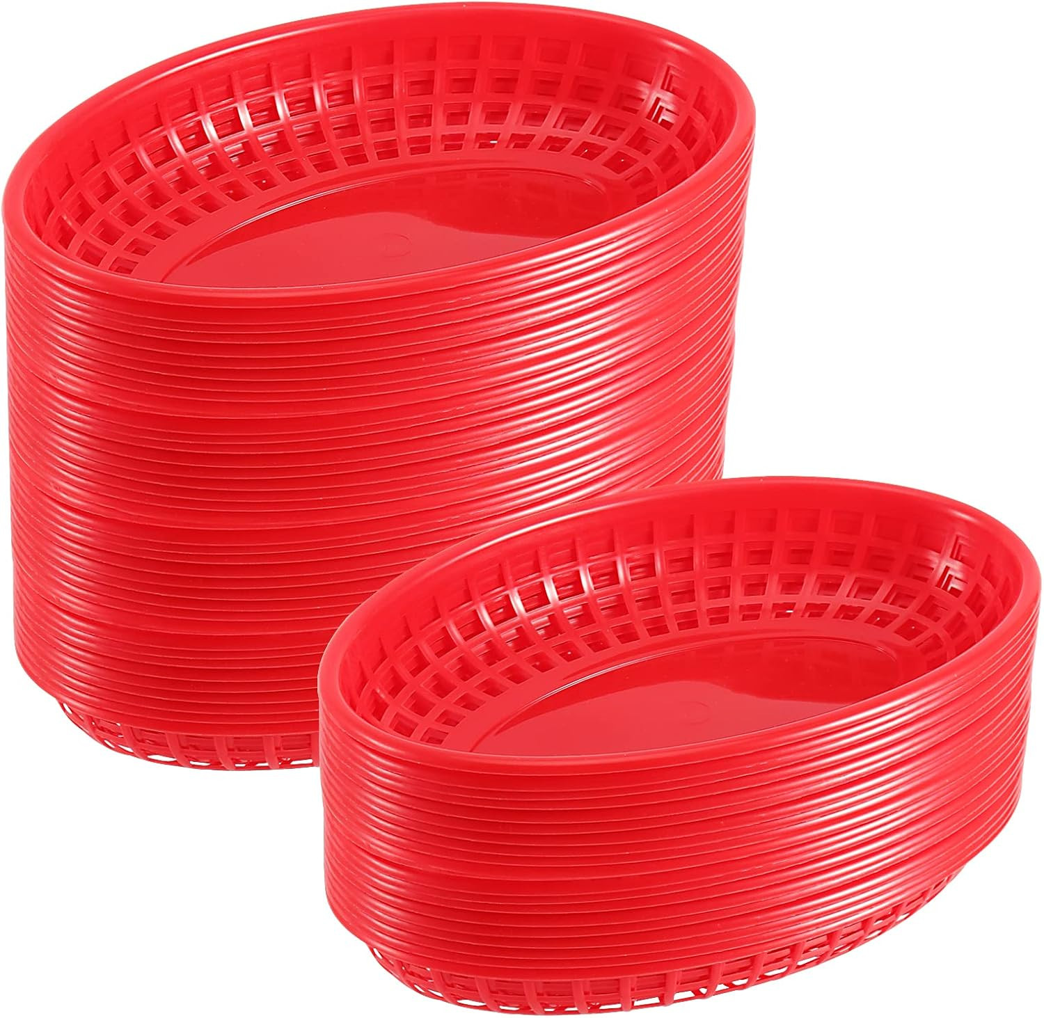 MOUYAT 50 PCS Red Plastic Baskets, 9 X 6 Inch Oval Fast Food Serving Baskets for