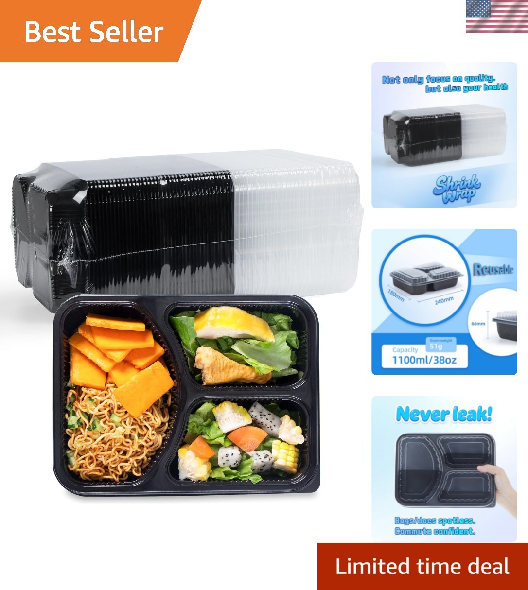 Flexible & Leak Proof 38 Oz Food Storage Containers – 40 Pack, Dishwasher Safe
