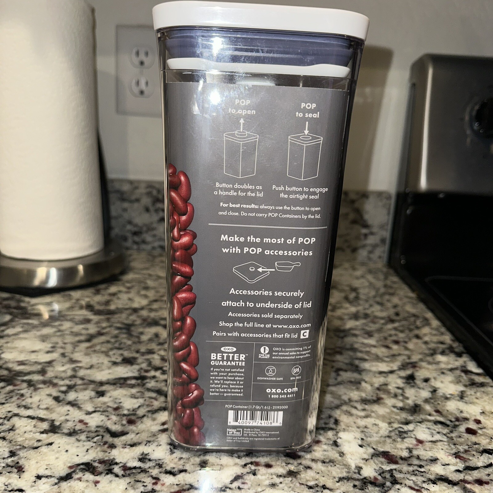 OXO POP Container, 9.5×3.5×3.5” 1.7 Qt, Airtight, Vertical Square