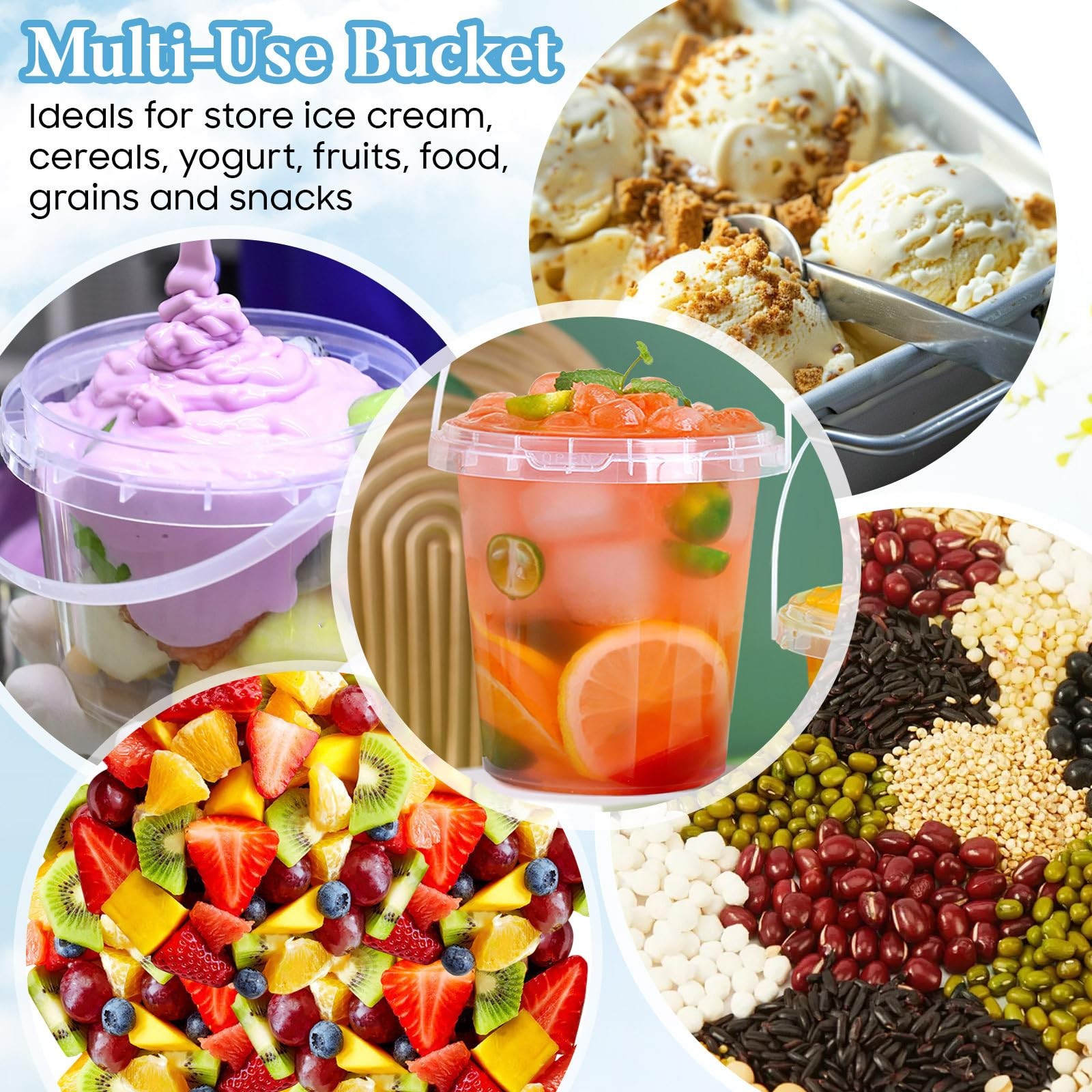 2 Pcs Round Ice Cream Storage Bucket with Handle and Lid, 0. 26 Gallon Sealin…