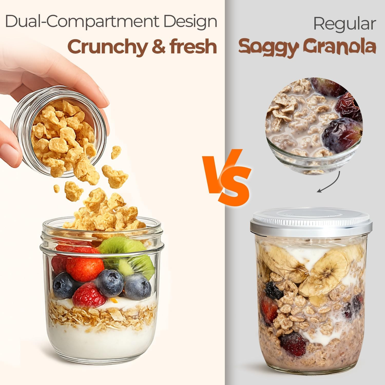 ComSaf Overnight Oats Containers with Lids (8oz+4oz, 2Pcs), Glass Yogurt Parfait