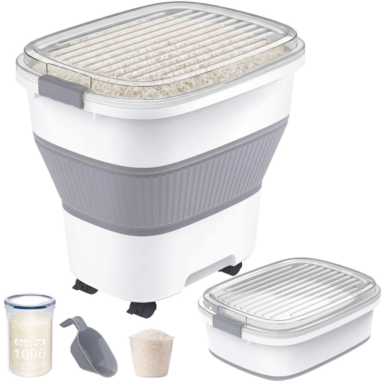 NURYO 50 Lbs Rice Storage Container with Wheels, Large, Grey/50lbs