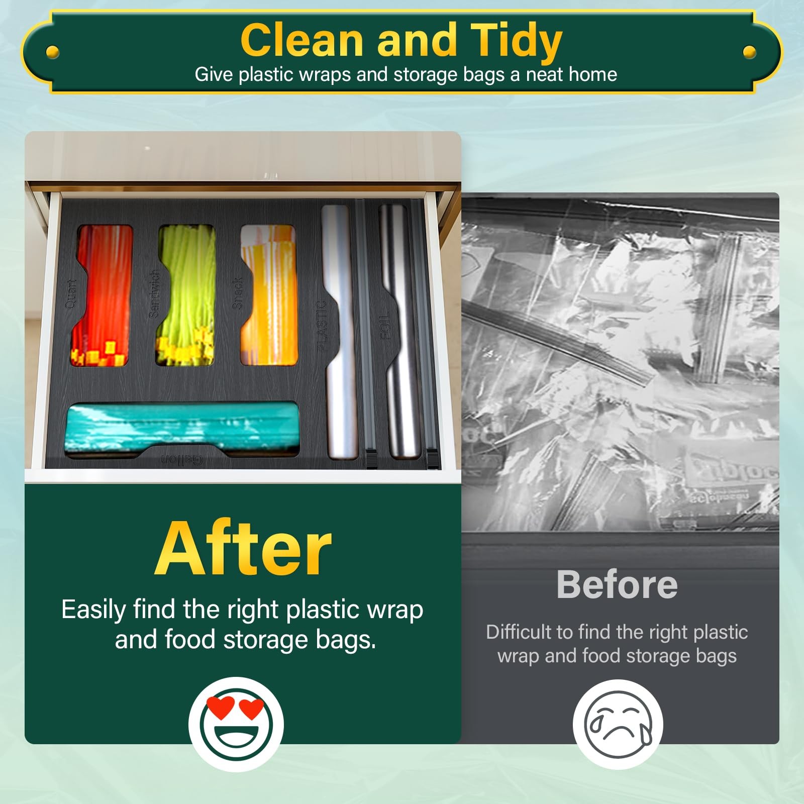 Bag Organizer & Plastic Wrap Dispenser with Cutter, 6 In 1 Foil & Plastic Wra…