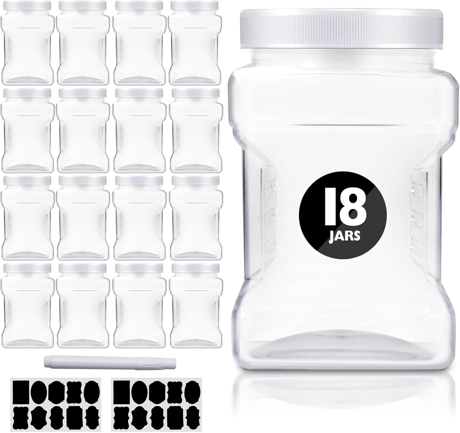 18 Pack Clear Plastic Storage Jars with Lids,27 Oz Easy Grip Handles Plastic Con