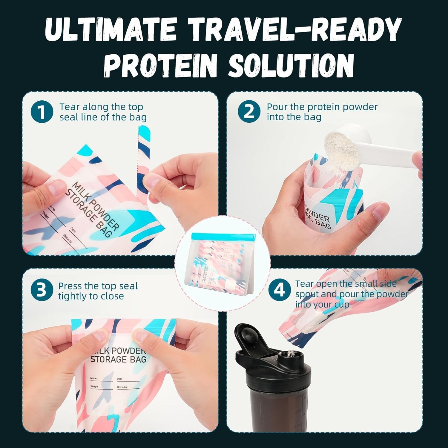 Disposable Protein Powder Travel Containers – 60Pcs Single-Use Protein Powder Ba