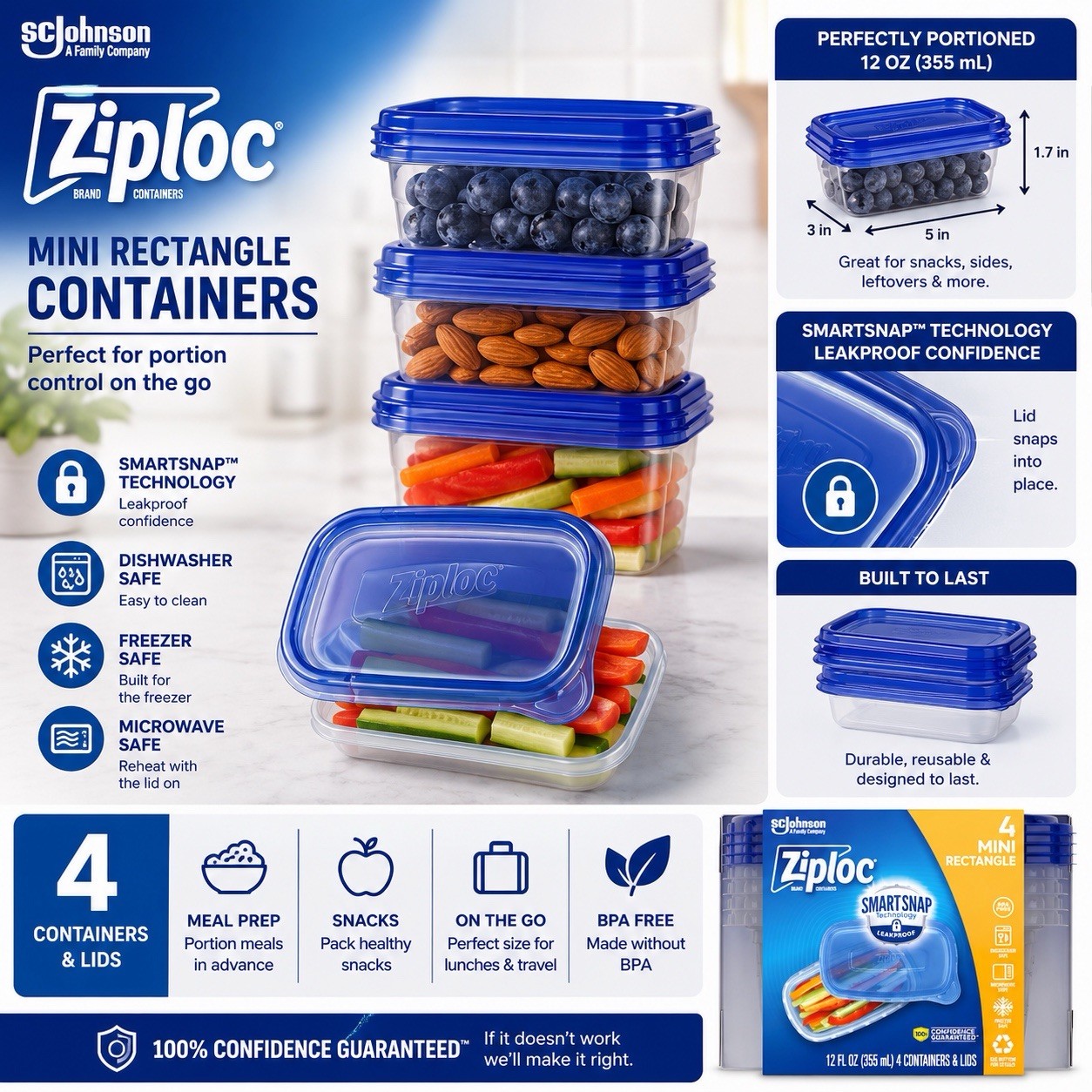 Ziploc SmartSnap 12 fl oz Mini Rectangle Containers w/ Snap Lids, 4 Pack