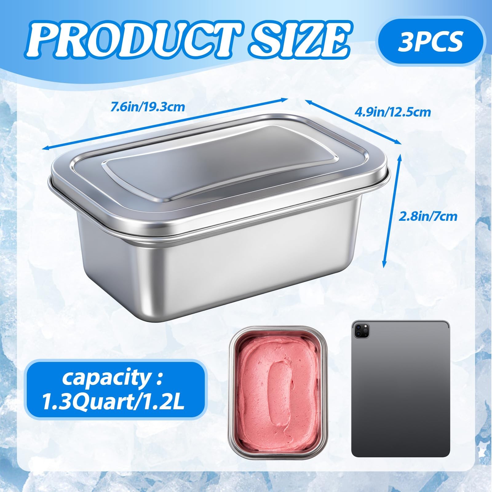 3 Pcs Reusable Stainless Steel Ice Cream Storage Containers with Lids 1.2 Qua…