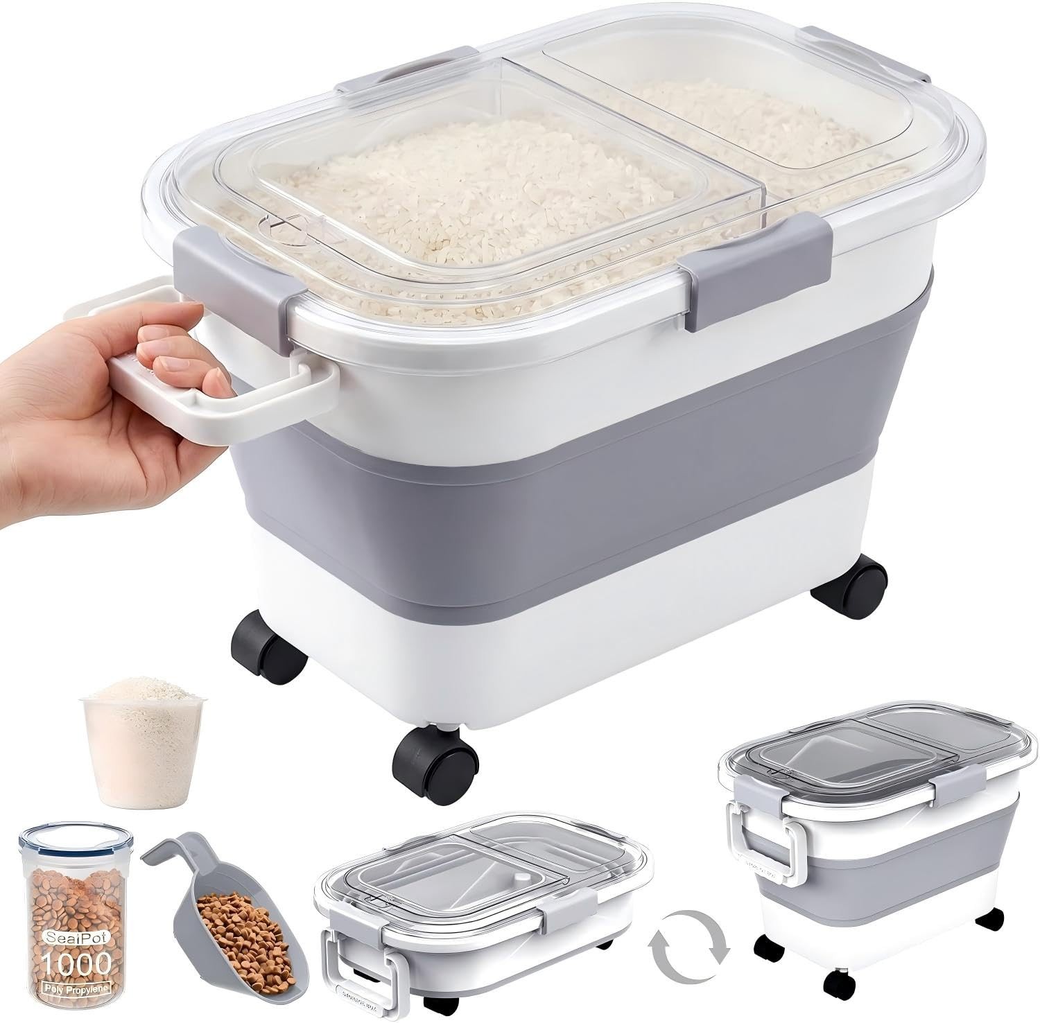 30 Lbs Rice Storage Container with Wheels, Collapsible Airtight Food Storage …