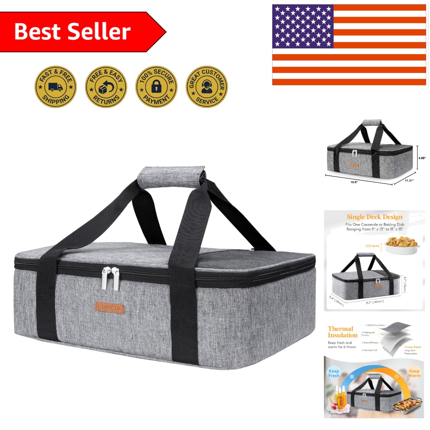 Gray Insulated Casserole Carrier with Pocket – Ideal for Cookouts & Gatherings