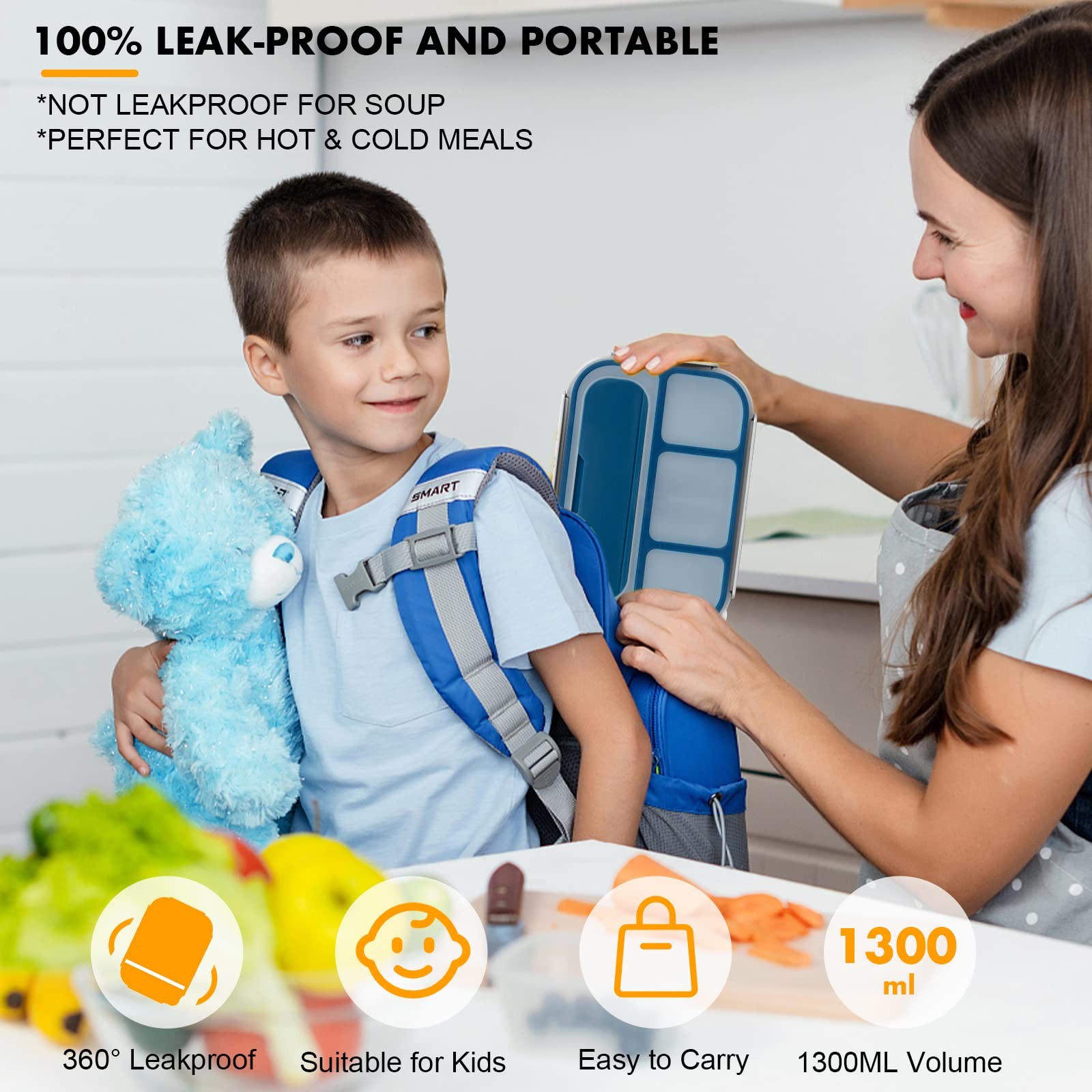 Yumuk Bento Box, Lunch Box Kids, 1300ML Adult with 4 Compartment &Food Blue