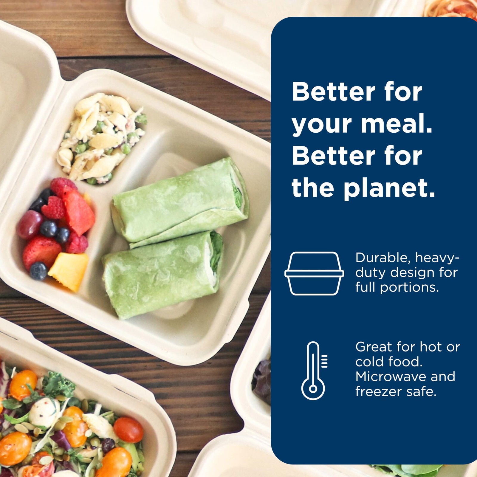 World Centric Compostable Clamshell Containers 9x9x3”, 3-Compartment – Grease a