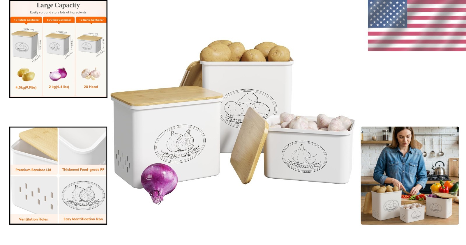 Designer Vegetable Storage Containers with Ventilation Holes – 10L Set of 3