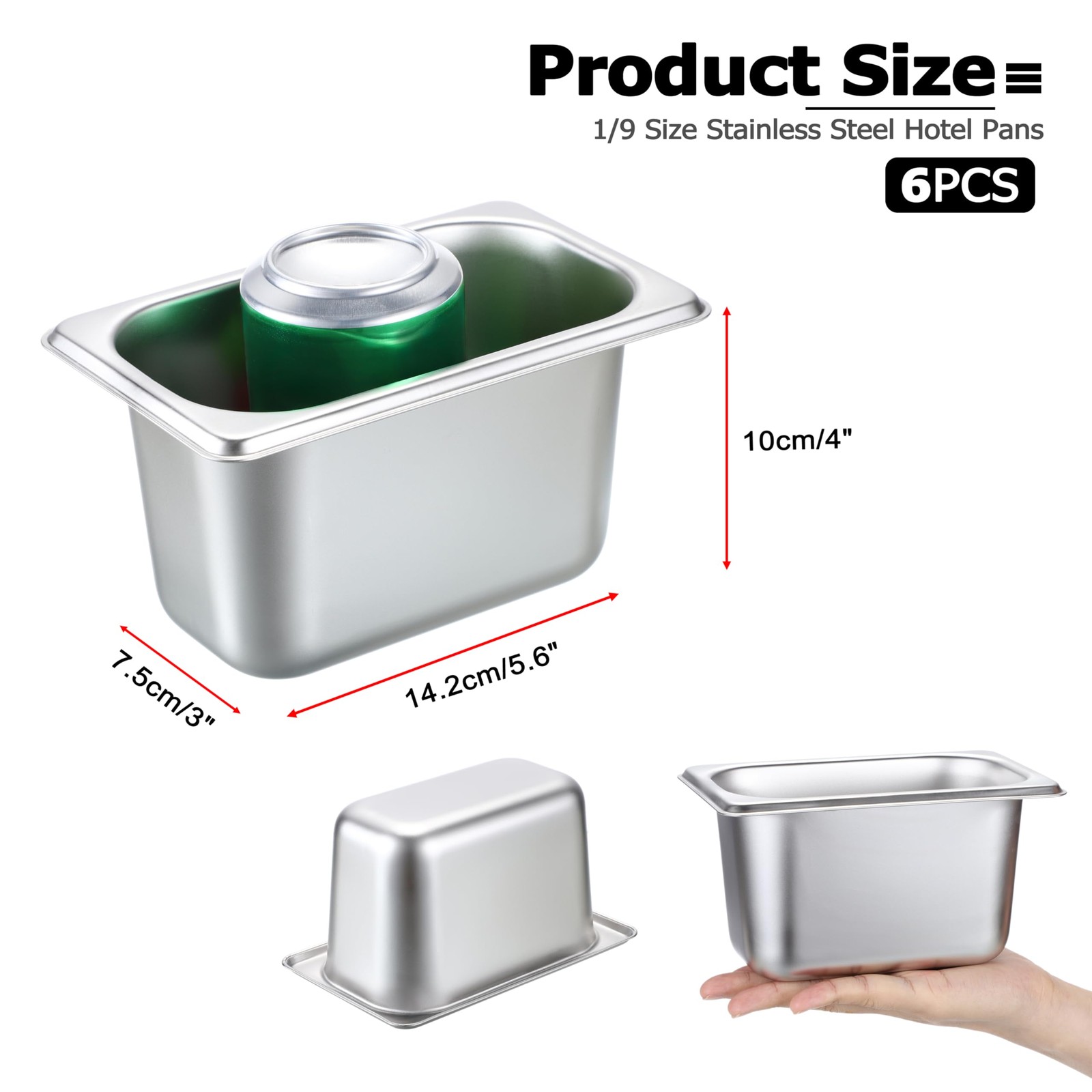 6 PCS 1/9 Size 4 Inch Deep Hotel Pans Stainless Steel Steam Table Commercial
