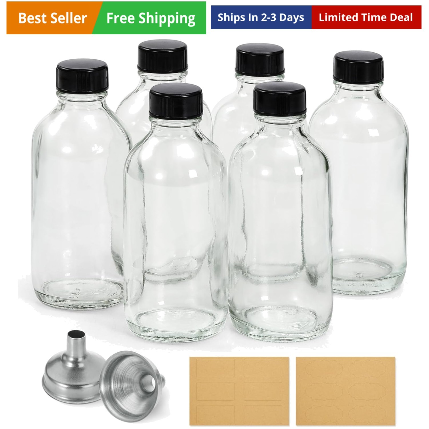 6 Pack, 4 oz Small Clear Glass Bottles with Lids & 2 Stainless Steel Funnels …
