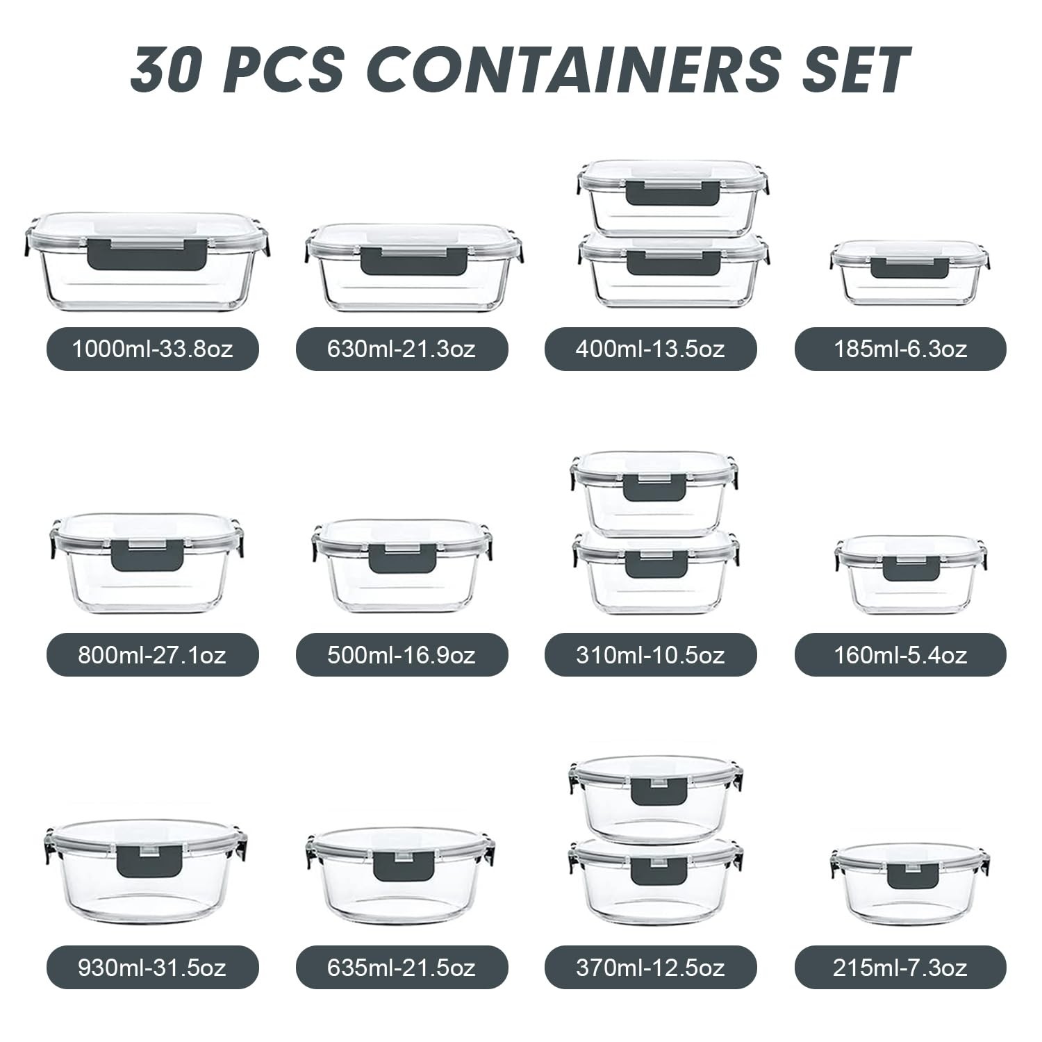 VERONES 30 Pieces Glass Meal Prep 16 inches (L) x 8 (H), Gray