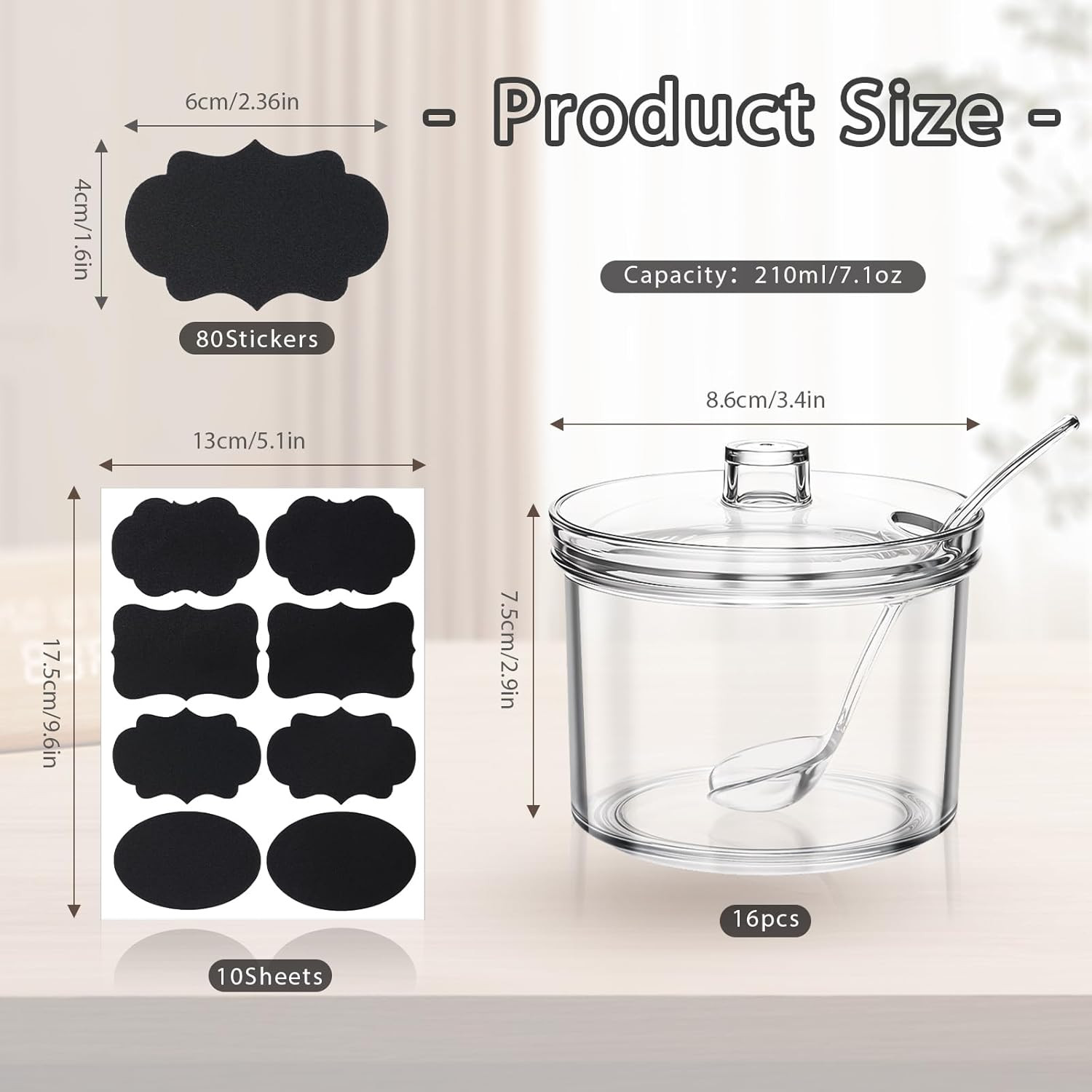 16Pcs Toppings Containers with Lids and Spoon with Tag, 7.1 Oz Clear Acrylic Sug